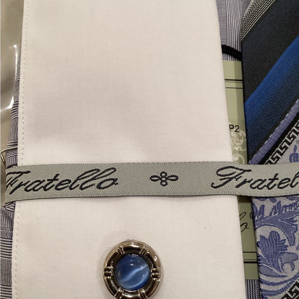 Fratello Men's Striped Blue Dress Shirt with Tie - Picture 5 of 6